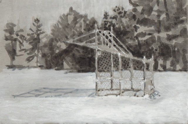 Ink and white gouache sketch of athletic backstop structure with snow on ground and dark trees in background.