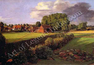 East Bergholt, A detail from Golding Constable's Flower Garden (1815) shows a view from the back of the family house. Constable was the first English artist to paint barns and out-houses with such careful attention. 