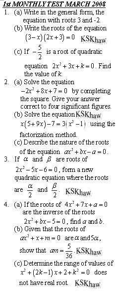 KSKhaw (分享者,许景程): Additional Mathematics Exam / Test : Form 5