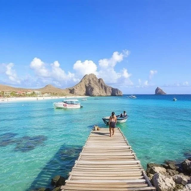"Cabo San Lucas’ Medano Beach with calm waters and luxury resorts in the background"
