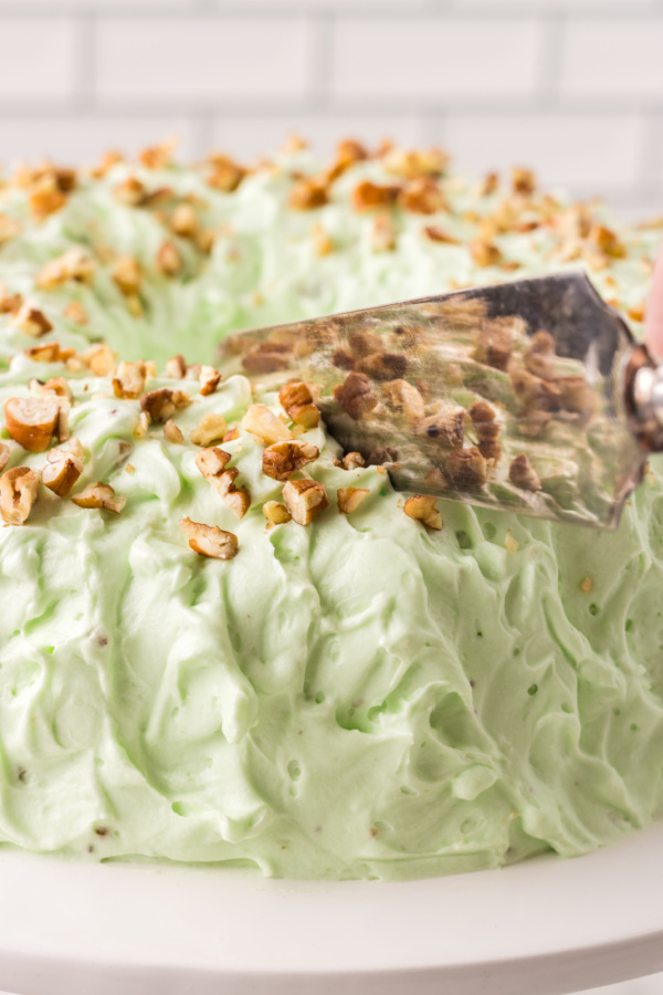 Pistachio Cake! This easy retro cake mix recipe uses pistachio pudding in the cake AND in the frosting for tons of pistachio flavor and a super moist cake. Also called Watergate Cake, it's perfect for Easter, St. Patrick's Day and Christmas!