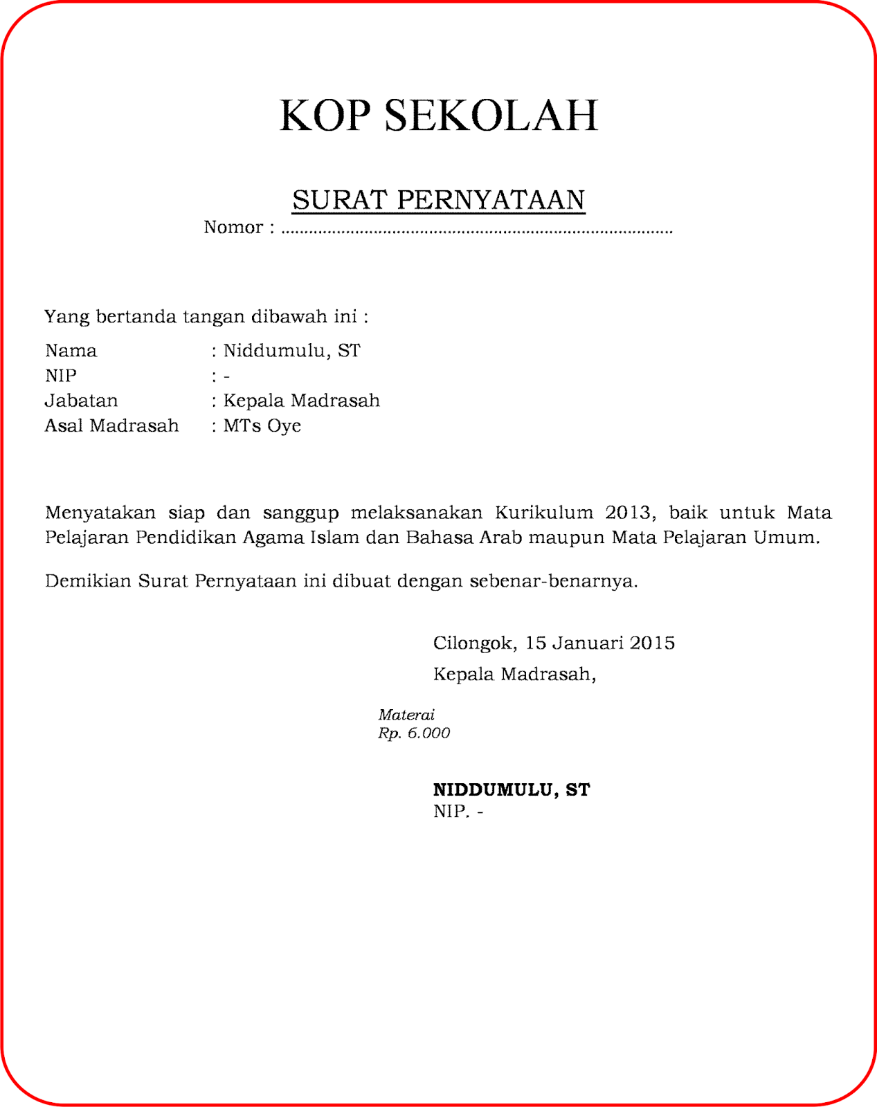 Surat Pernyataan Kesanggupan Melaksanakan Kurikulum 2013 + Download ...
