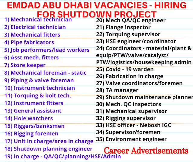 Emdad Abu Dhabi vacancies - Hiring for shutdown project