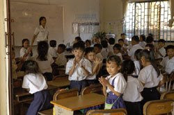 Kids in a classroom. Wat Bo teaches kids in 1st-6th grades