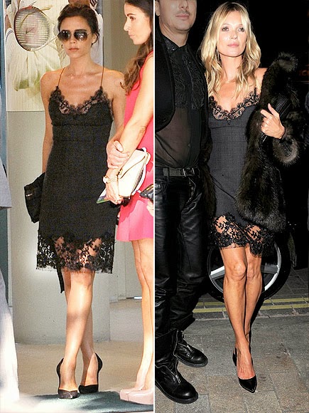 Victoria Beckham and Kate Moss in Wool silk tartan and lace dress by Louis Vuitton