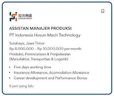 Kesempatan Menarik di PT Indonesia Hosun Mach Technology untuk Asisten Manajer Produksi