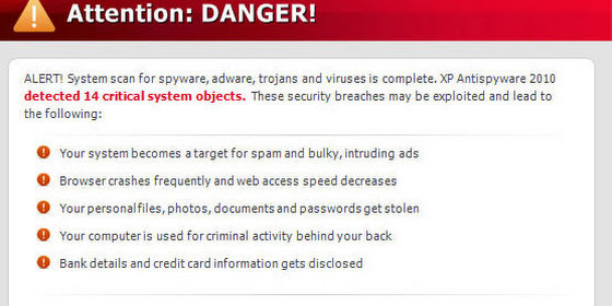 Remove XP Antispyware 2010 fake alert "Attention: DANGER!" (Free removal)