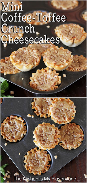 Mini Coffee-Toffee Crunch Cheesecakes ~ Prepared phyllo shells are loaded with coffee-flavored cheesecake & toffee bits to create these downright-delicious mini cheesecakes. They're the perfect little-bite party dessert!  www.thekitchenismyplayground.com