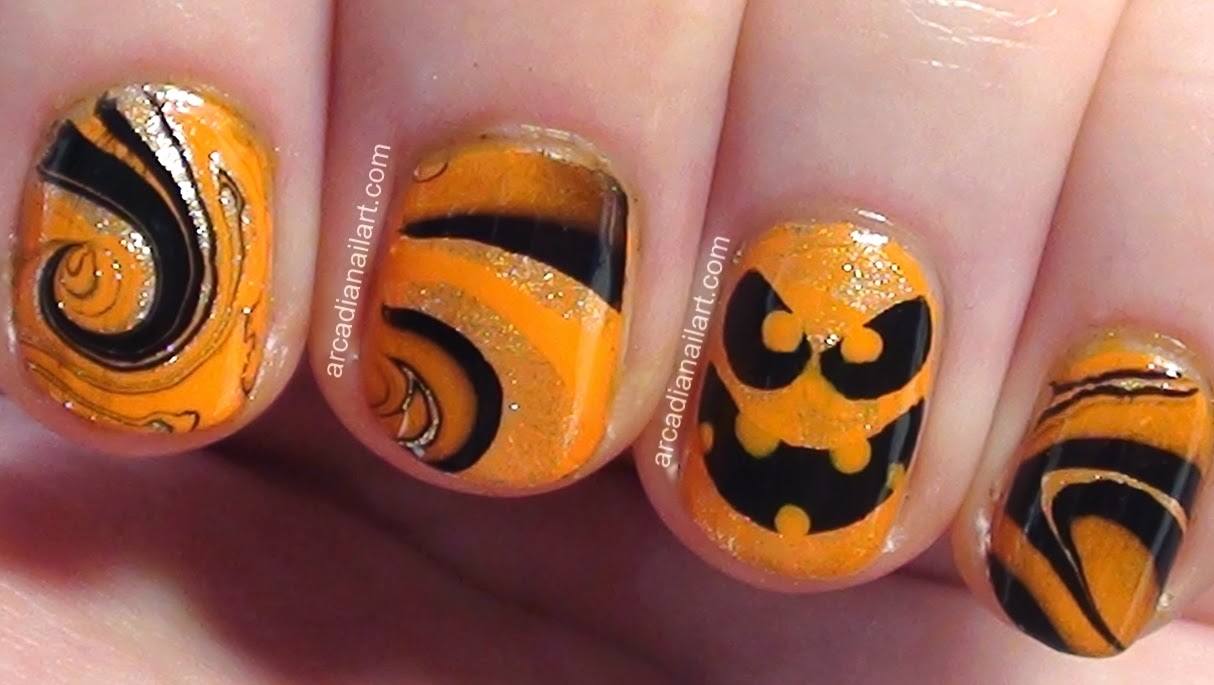 ArcadiaNailArt Easy  Halloween  Pumpkin Water Marble Nail  