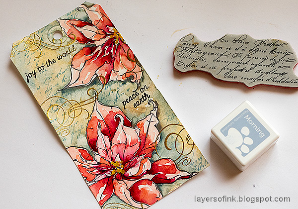 Layers of ink - Poinsettia Watercolor Tag Tutorial by Anna-Karin Evaldsson. Stamp script.