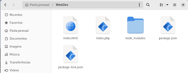 Conteúdo da pasta onde se encontra a nossa página index.html e index.php após a instalação do simple-server