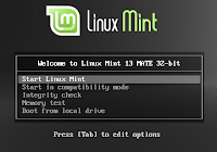 Welcome to LinuxMint 13 Mate 32 bit startup boot selection