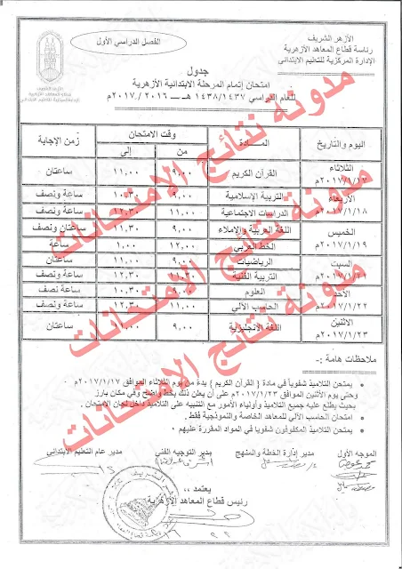 جدول امتحانات الصف السادس الابتدائى الازهرى 2017 الترم الثانى (أخر العام) للشهادة الابتدائيه الازهريه