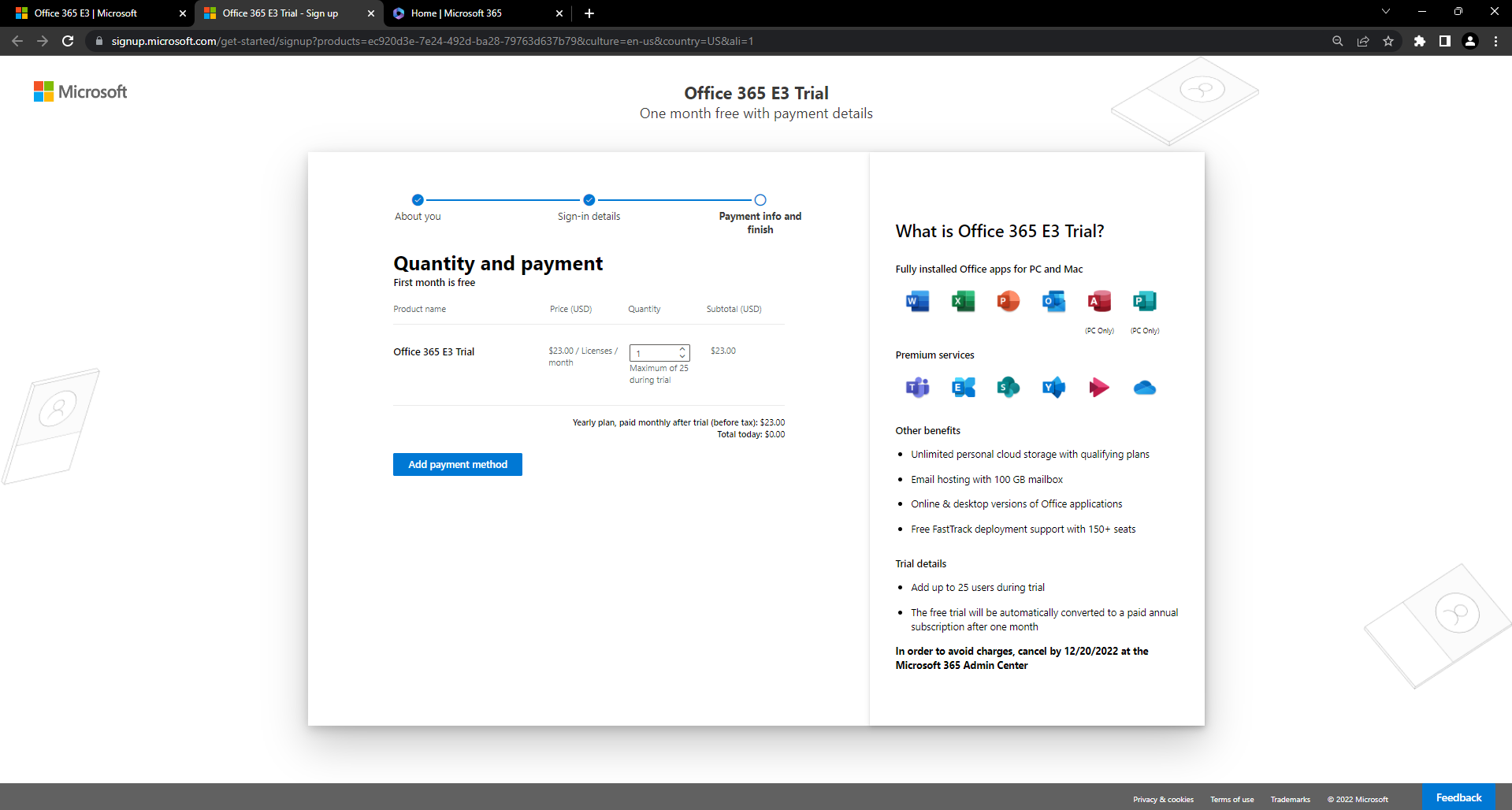 SignUp for Office 365 without adding Payment Method. - Dynamics 365  Business Central Community