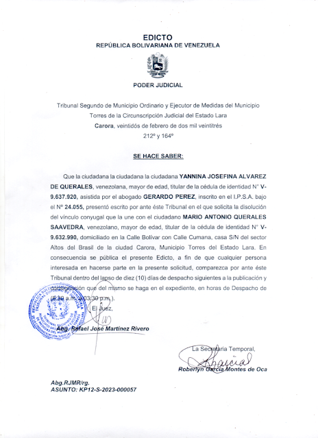 EDICTO: YANNINA JOSEFINA ALVAREZ DE QUERALES - C.I.: 9.637.920