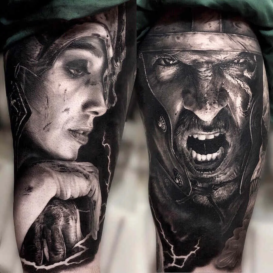 Tatuaje realista de dos caras de una guerrera y un guerrero