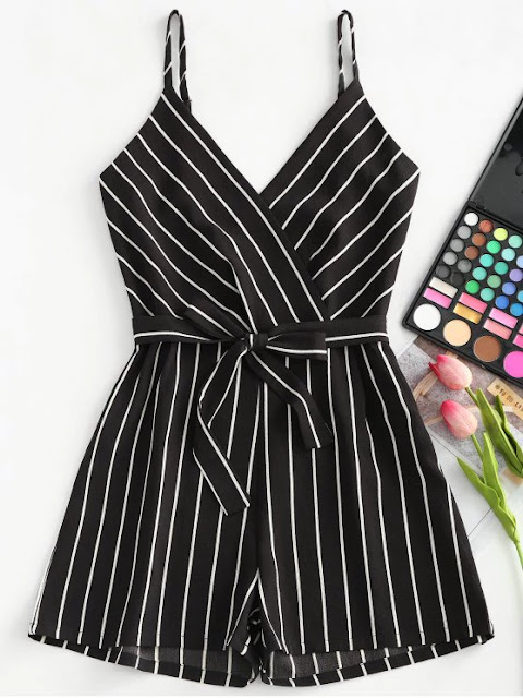 Striped Cami Belted Romper - Black S