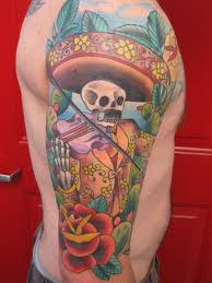 Mexican tattoo: a fancy dressed skeleton playing a violin