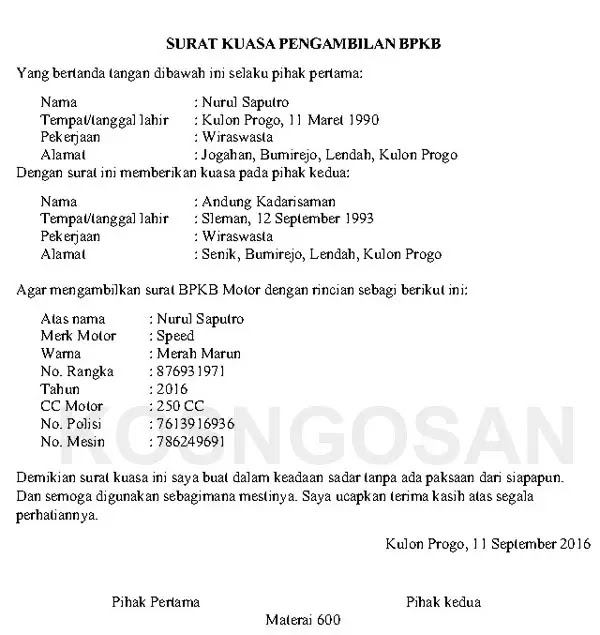 Contoh Surat Kuasa Pengambilan Bpkb Motor Dan Mobil Kosngosan