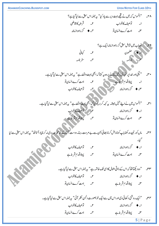 guzra-hua-zamana-mcqs-urdu-class-10th