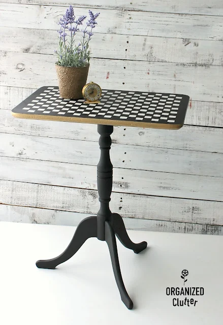 Up-Cycled Antique Shop Flip Top Table #vintage #fliptable #dixiebellepaint #stencil #checks #upcycle #goldtrim