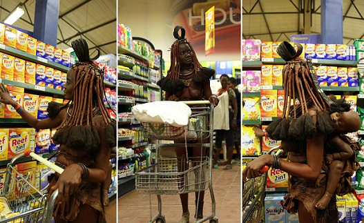 Namibia Tribal Woman Dons Goatskin in  Supermarket