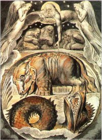 Behemot y Leviathan, según William Blake. Observe que Leviathan está muerto... de risa, según parece.