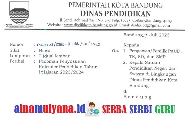 Kalender Pendidikan TK SD SMP Kota Bandung Tahun Pelajaran 2023/2024