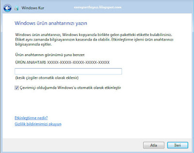 windows 7 kurulum product key bölümü