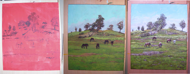 acrylic painting of horses on hill