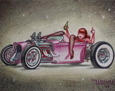 Keith's work reflects his obsession with cars and vintage pinup illustration