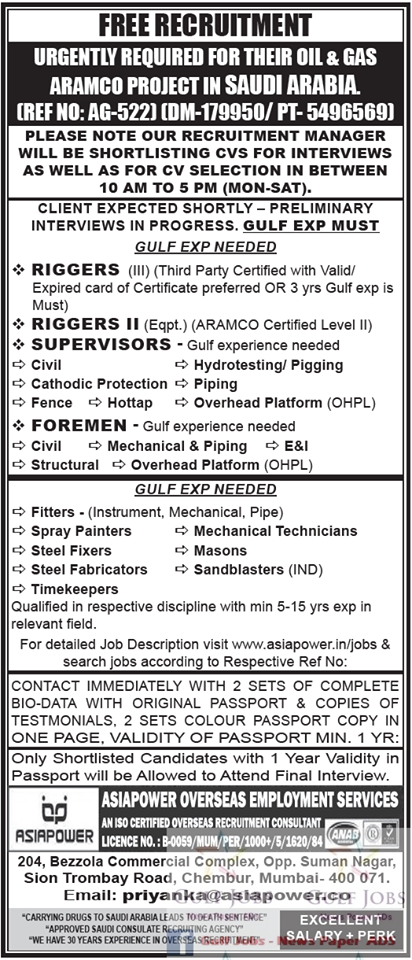 Oil & Gas Aramco Project Jobs for KSA - Free Recruitment
