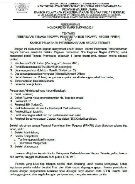 Lowongan Kerja Pegawai PPNPN Kantor Pelayanan Perbendaharaan Negara Januari 2021
