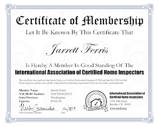 Certificate of proof showing that Jarrett Ferris is an active member of the InterNACHI home inspection training and member organization