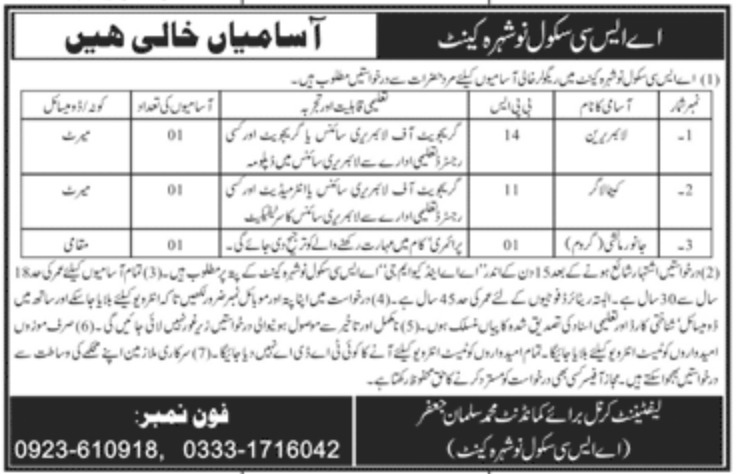 ASC School Nowshera Cantt Jobs October 2020