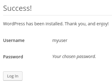 Login promot WordPress installation Successful