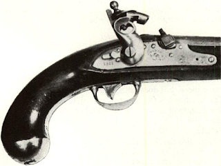 Southern pistols included specimens of U.S. issue from early days. Most found were probably Johnson M1836 flintlock cal. .54, (top), but some North M1816 arms could be found (2d). Half-stock US M1806 pistol made at Harpers Ferry was popular and same model was made at Virginia State Armory early in century. Arm shown has been restocked, with country repair to ramrod guide. Major supplies of single shots were Aston or Waters U.S. Ml842 percussion guns, also cal. .54. Butt ring is non-issue addition for lanyard. Southern conversions from flint were often simplest type possible, like this altered North 1819 model (dated 1822) with hammerhead gripped in jaws of original flint cock, and country rifle drum screwed into barrel. Pernicious habit of modem dealers in “putting back” old converted arms to flint using cast iron parts and clumsy fitting reduces genuine old examples of this transition era; frequently destroys Southern association of gun which could be revealed by study of conversion systems. (Top three pistols from collection at Independence Hall, Chicago.)