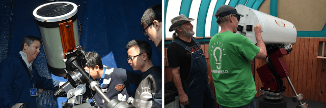 Michael assisting Sacred Heart High School Students observe the 2016 Mercury Transit with the 11" SCT (left) and Muir installing the mirror cell for the 16" remote imaging telescope hosted in New Mexico (right).