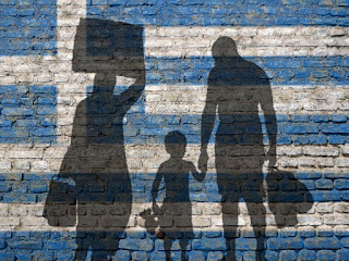 Pic of 3 silhouettes of refugees on blue and white background of Greek flag
