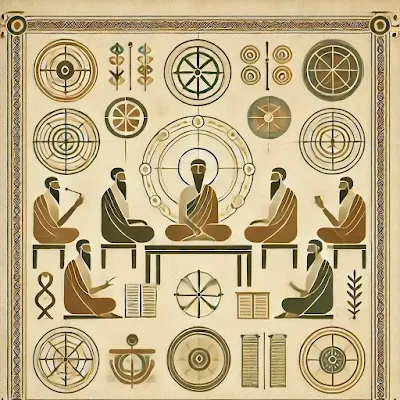 "An ancient-style illustration symbolizing Vedic mathematics and astronomy, featuring geometric patterns, celestial maps, and planetary alignments."
