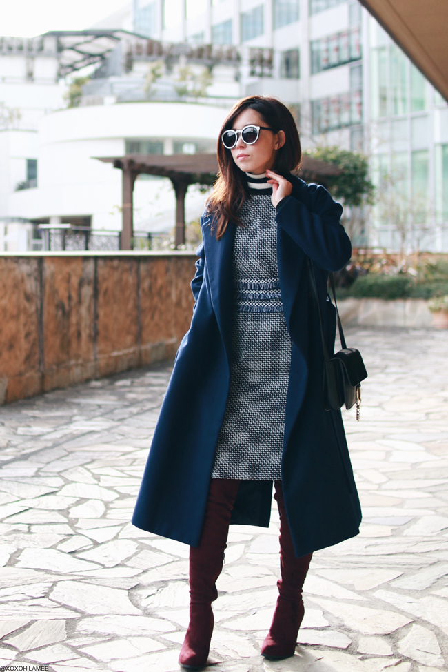 Ootd Sheinのネイビーツイードワンピース ボーダータートルネックのフェミニンシックコーデ Japanese Fashion Blogger Xoxohilamee 日本人ファッションブロガー