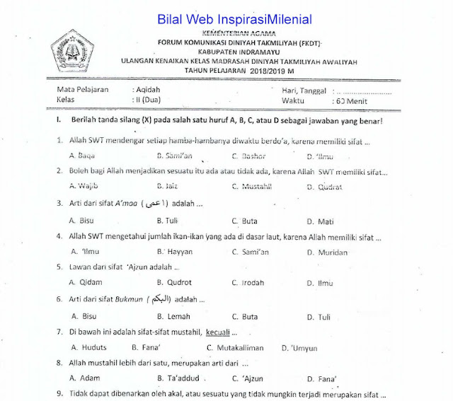 Download Soal UKK Madrasah Diniyah Takmiliyah Awaliyah (MDTA) Mapel Aqidah Kelas 2 Tahun 2018-2019 M