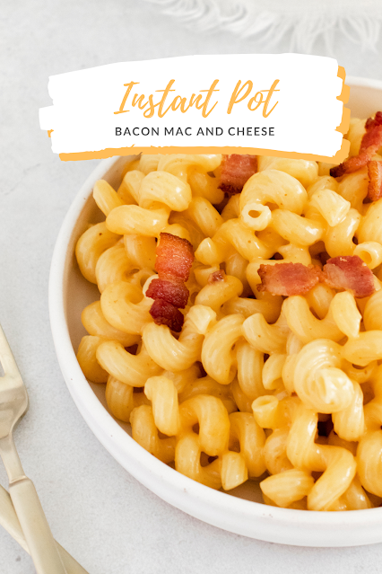 Mac and cheese in a bowl with text for pinterest