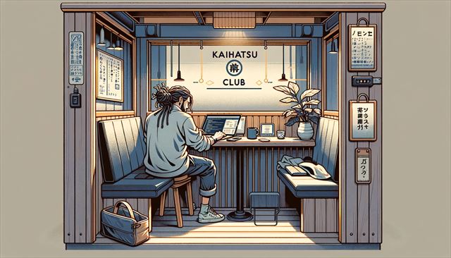 Create a wide illustration featuring a casual Japanese man with dreadlocks, working in a private booth at 'Kaihatsu Club'. The scene captures him enjoying the solitude and privacy that the booth offers. Include visual elements like a laptop open with notes or code, a comfortable chair, and ambient lighting that enhances the feeling of a personal workspace. The environment should subtly reflect occasional disturbances like distant sounds, depicted abstractly. The style should be simple and minimalistic, focusing on the serene and focused atmosphere of the booth.