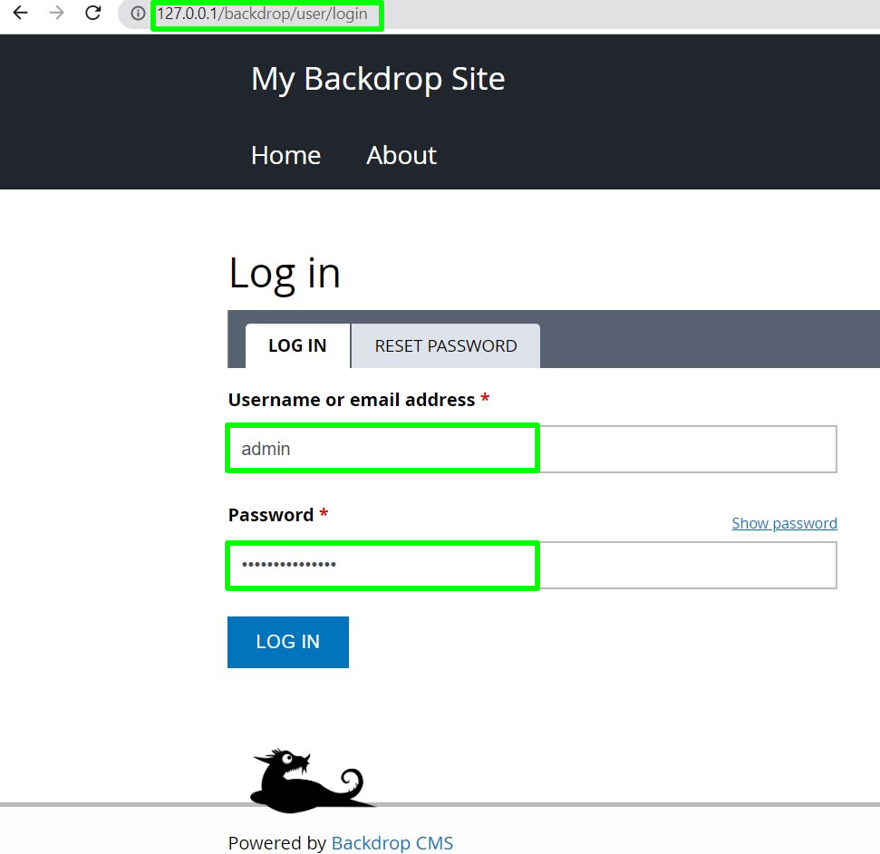 backdrop website admin login localhost