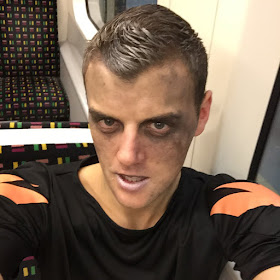 Zombie football player on the tube.