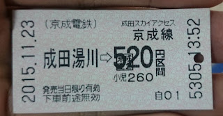区変原券　京成電鉄　成田湯川→520円区間