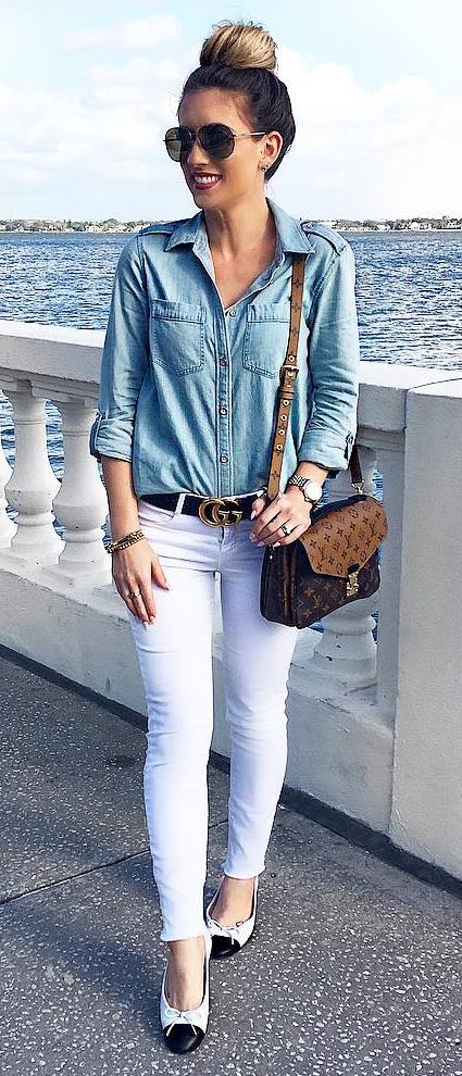 casual style addiction: denim shirt + white pants