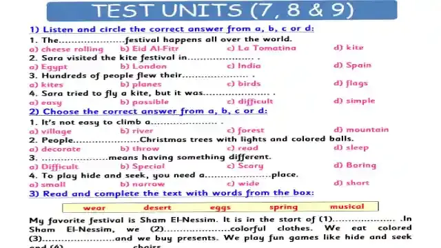 اروع امتحان لغة انجليزية كونكت 4 على الوحدات 7-8-9 للصف الرابع الابتدائى الترم الثانى 2024