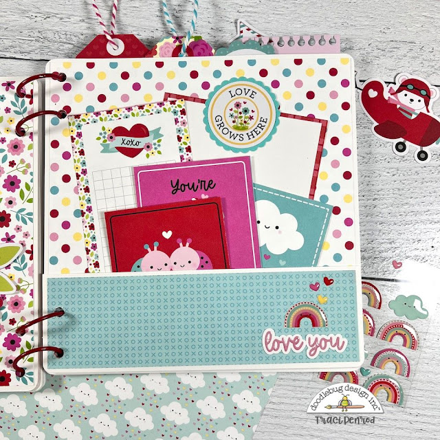 Valentine's Day Lots of Love scrapbook album page with polka dots, a pocket, and journaling cards